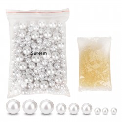 SUREAM 250PCS Floating Pearls and 2300PCS Clear Gel Beads for Vase, No Hole Artificial Beads for Candle Centerpieces, Wedding, Birthday, Brushes Holder, Multipurpose Use Pearls (8/14/20mm, White)