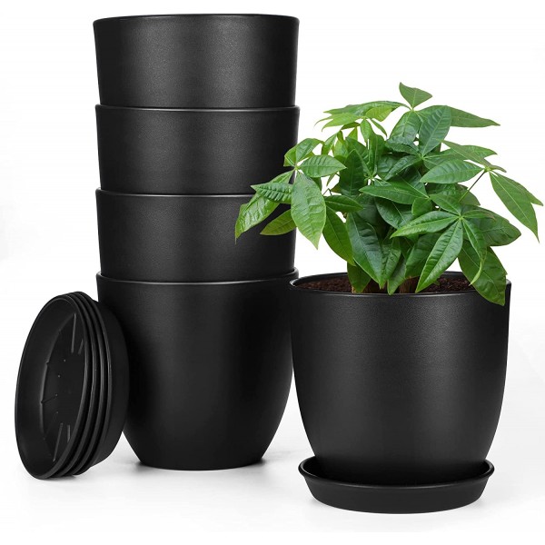 6.3 Inch Indoor Flower Pots, Greaner 5 Pack Plastic Planters with Drainage Holes and Tray Round Black Plant Window Box for House Office Gardening DIY Decoration