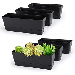 12x3.8 Inch Herb Planters, Greaner 6 Pack Black Rectangle Window Boxes with Tray, Indoor Succulent Cactus Mint Plastic Pot for Windowsill , Balcony, Office, Outdoor Garden