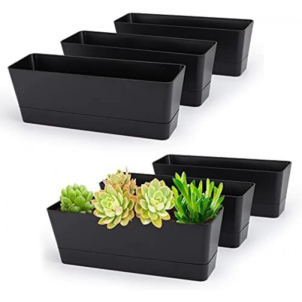 12x3.8 Inch Herb Planters, Greaner 6 Pack Black Rectangle Window Boxes with Tray, Indoor Succulent Cactus Mint Plastic Pot for Windowsill , Balcony, Office, Outdoor Garden