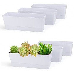 12x3.8 Inch Herb Planters, Greaner 6 Pack White Rectangle Window Boxes with Tray, Indoor Succulent Cactus Mint Plastic Pot with Saucer for Windowsill , Balcony, Office, Outdoor Garden