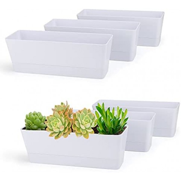 12x3.8 Inch Herb Planters, Greaner 6 Pack White Rectangle Window Boxes with Tray, Indoor Succulent Cactus Mint Plastic Pot with Saucer for Windowsill , Balcony, Office, Outdoor Garden