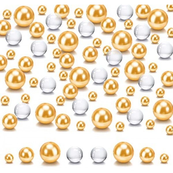 250PCS Floating Gold Pearls and 2300PCS Water Gel Beads for Vase Fillers, Suream Round No Hole Assorted Beads for Centerpieces, Table Scatters, Candle, Wedding, Birthday, Floral Decoration (8/14/20mm)