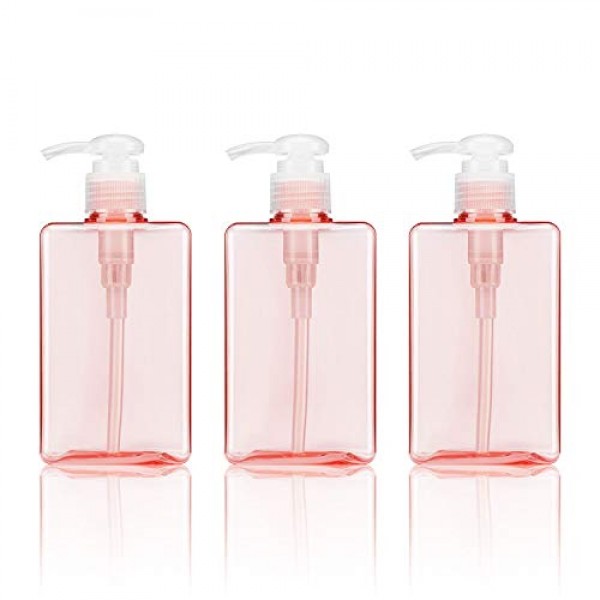 3 Pack Empty Hand Pump Containers, Suream 9.9oz/280ml Clear Pink Refillable Plastic Square Shower Bottles for Essential Oil Lotion Shampoo, Great Soap Dispensers for Bathroom, Kitchen Sink and Travel