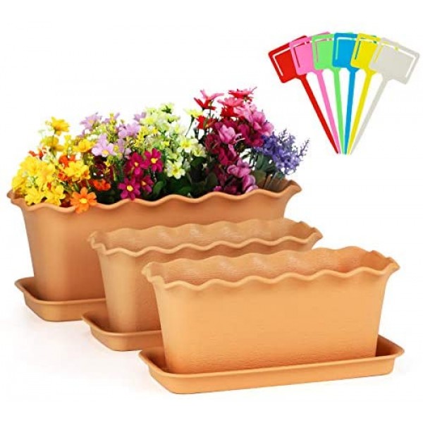3 Pack Plastic Plant Window Box Planters, Greaner 12" and 16" Rectangle Succulent Flower Pots with Saucer and 6 Pcs Plant Labels for Garden, Home Indoor Outdoor Decoration, Windowsill, Patio, Porch