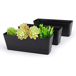 Black Rectangle Window Boxes, Greaner 3 Pack 12x3.8 Inch Herb Planters with Tray, Indoor Succulent Cactus Mint Plastic Pot for Windowsill , Garden Balcony, Office Outdoor Decoration