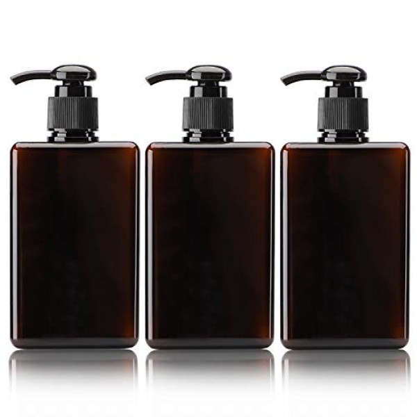 Brown Plastic Pump Bottles, Suream 3 Packs 9.9oz/280ml Plastic Refillable Square Hand Pump Containers for Essential Oil Soap Lotion, Great Soap Dispensers for Bathroom, Kitchen Sink and Travel Use