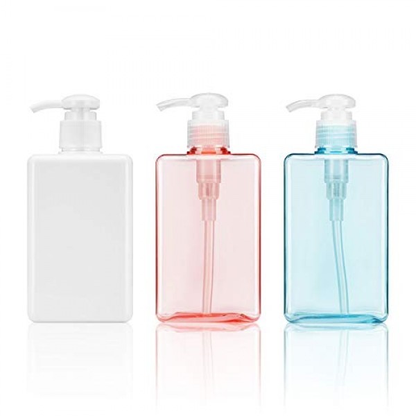 Empty Hand Pump Bottles for Shower, Suream 3 Pack 9.9oz/280ml White Pink Blue Refillable Square Soap Dispensers for Lotion Shampoo Hand Wash, Plastic Containers for Bathroom, Kitchen Sink and Travel