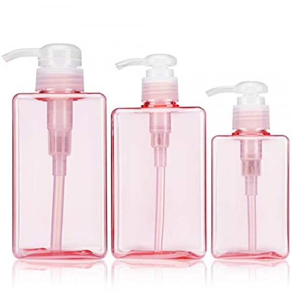 Empty Liquid Shower Pump Containers, Suream 5.1oz/150ml, 9.9oz/280ml, 15.8oz/450ml Clear Pink Soap Dispensers for Lotion, Plastic Refillable Shower Water Bottles for Bathroom, Kitchen Sink and Travel