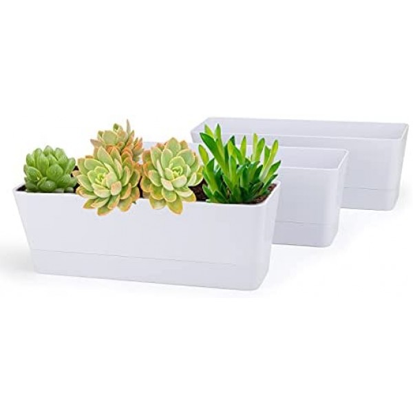 Flower Boxes, Greaner 3 Pack 12x3.8 Inch Rectangle Window Boxes, Herb Planters with Tray, Indoor Succulent Cactus Flowers Plastic Drawable Pot for Windowsill , Garden, Balcony, Office Outdoor (White)