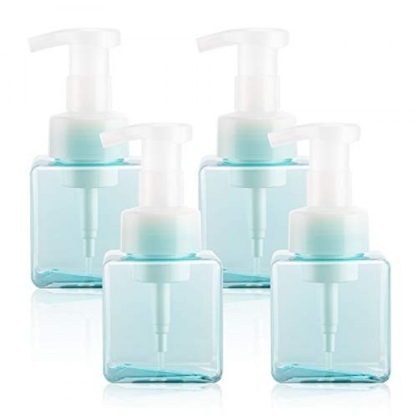 Foaming Shampoo Dispenser Bottle, Suream 4 Pack 8.45oz/250ml Blue Plastic Refillable Hand Pump Container for Lotion, Conditioner, Empty Small Square Bottle for Bathroom Body Wash, Kitchen Sink, Travel