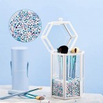 Glass Cosmetic Brush Holder for Vanity, Suream 8.46” White Hexagon Transparent Makeup Eyeline Organizer with Lid, Beauty Storage with Colorful Pearls for Desktop, Dresser and Bathroom Countertop