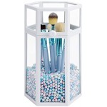 Glass Cosmetic Brush Holder for Vanity, Suream 8.46” White Hexagon Transparent Makeup Eyeline Organizer with Lid, Beauty Storage with Colorful Pearls for Desktop, Dresser and Bathroom Countertop