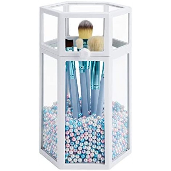 Glass Cosmetic Brush Holder for Vanity, Suream 8.46” White Hexagon Transparent Makeup Eyeline Organizer with Lid, Beauty Storage with Colorful Pearls for Desktop, Dresser and Bathroom Countertop