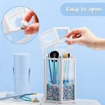 Glass Cosmetic Brush Holder for Vanity, Suream 8.46” White Hexagon Transparent Makeup Eyeline Organizer with Lid, Beauty Storage with Colorful Pearls for Desktop, Dresser and Bathroom Countertop