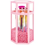 Glass Cosmetic Brush Holder with Pearls, Suream 8.46” Pink Hexagon Transparent Beauty Makeup Pencil Organizer with Lid, Eyeliner Display Storage for Desktop, Dresser and Bedroom Vanity Decoration