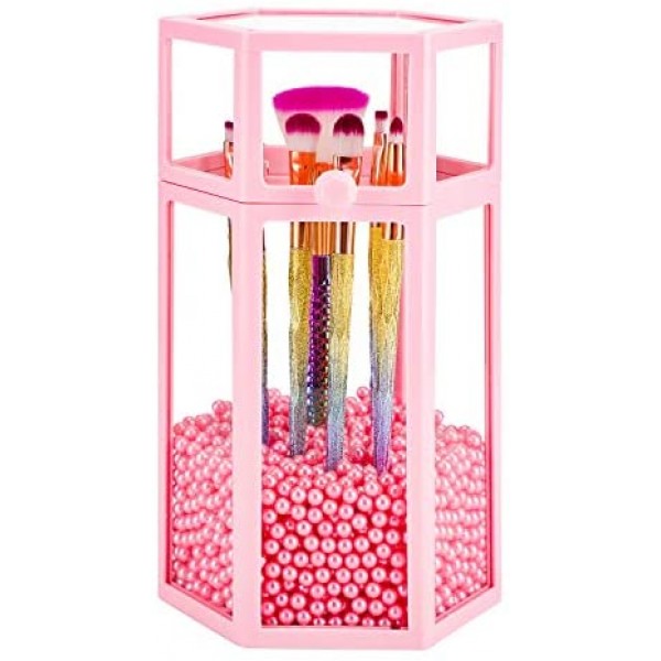 Glass Cosmetic Brush Holder with Pearls, Suream 8.46” Pink Hexagon Transparent Beauty Makeup Pencil Organizer with Lid, Eyeliner Display Storage for Desktop, Dresser and Bedroom Vanity Decoration