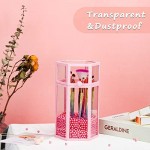 Glass Cosmetic Brush Holder with Pearls, Suream 8.46” Pink Hexagon Transparent Beauty Makeup Pencil Organizer with Lid, Eyeliner Display Storage for Desktop, Dresser and Bedroom Vanity Decoration