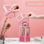 Glass Cosmetic Brush Holder with Pearls, Suream 8.46” Pink Hexagon Transparent Beauty Makeup Pencil Organizer with Lid, Eyeliner Display Storage for Desktop, Dresser and Bedroom Vanity Decoration