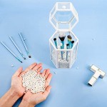 Glass Cosmetic Brush Organizer for Vanity, Suream 8.46” White Hexagon Transparent Beauty Holder with Lid, Makeup Pencil Display Storage with White Pearls for Desktop, Dresser and Bedroom Countertop