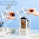 Glass Cosmetic Brush Organizer for Vanity, Suream 8.46” White Hexagon Transparent Beauty Holder with Lid, Makeup Pencil Display Storage with White Pearls for Desktop, Dresser and Bedroom Countertop