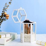 Glass Cosmetic Brush Organizer for Vanity, Suream 8.46” White Hexagon Transparent Beauty Holder with Lid, Makeup Pencil Display Storage with White Pearls for Desktop, Dresser and Bedroom Countertop