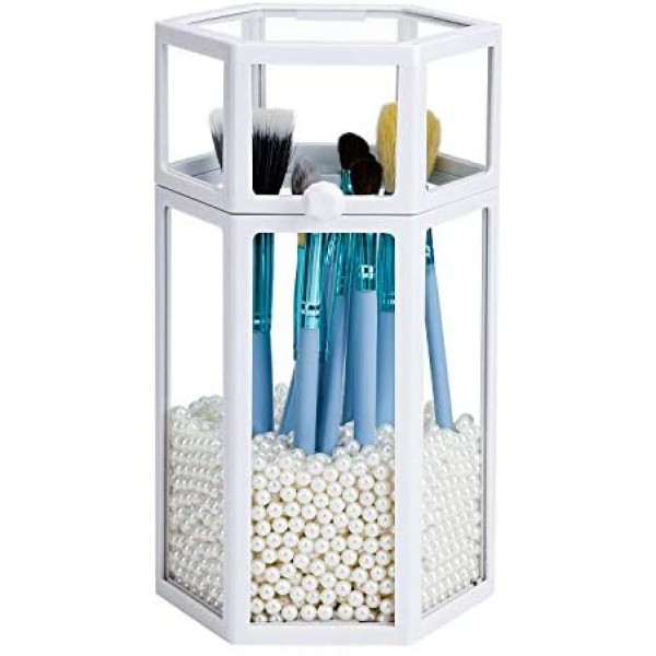 Glass Cosmetic Brush Organizer for Vanity, Suream 8.46” White Hexagon Transparent Beauty Holder with Lid, Makeup Pencil Display Storage with White Pearls for Desktop, Dresser and Bedroom Countertop