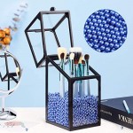 Glass Cosmetic Brush Storage with Lid, Suream 8.3” Black Square Transparent Beauty Makeup Holder with Lid, Eyeliner Display Organizer with Blue Pearls for Desktop, Dresser, Bedroom and Bathroom Vanity