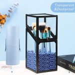 Glass Cosmetic Brush Storage with Lid, Suream 8.3” Black Square Transparent Beauty Makeup Holder with Lid, Eyeliner Display Organizer with Blue Pearls for Desktop, Dresser, Bedroom and Bathroom Vanity