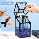 Glass Cosmetic Brush Storage with Lid, Suream 8.3” Black Square Transparent Beauty Makeup Holder with Lid, Eyeliner Display Organizer with Blue Pearls for Desktop, Dresser, Bedroom and Bathroom Vanity