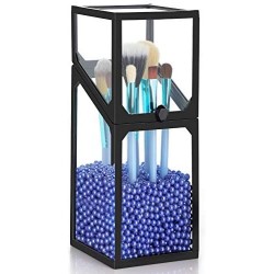 Glass Cosmetic Brush Storage with Lid, Suream 8.3” Black Square Transparent Beauty Makeup Holder with Lid, Eyeliner Display Organizer with Blue Pearls for Desktop, Dresser, Bedroom and Bathroom Vanity