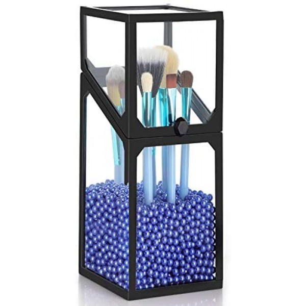 Glass Cosmetic Brush Storage with Lid, Suream 8.3” Black Square Transparent Beauty Makeup Holder with Lid, Eyeliner Display Organizer with Blue Pearls for Desktop, Dresser, Bedroom and Bathroom Vanity