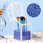 Glass Cosmetic Holder for Makeup Brush, Suream 8.3” White Square Transparent Beauty Storage with Lid, Eyeliner Display Organizer with Blue Pearls for Desktop, Dresser, Bedroom and Bathroom Vanity