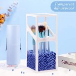 Glass Cosmetic Holder for Makeup Brush, Suream 8.3” White Square Transparent Beauty Storage with Lid, Eyeliner Display Organizer with Blue Pearls for Desktop, Dresser, Bedroom and Bathroom Vanity