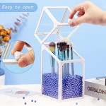 Glass Cosmetic Holder for Makeup Brush, Suream 8.3” White Square Transparent Beauty Storage with Lid, Eyeliner Display Organizer with Blue Pearls for Desktop, Dresser, Bedroom and Bathroom Vanity