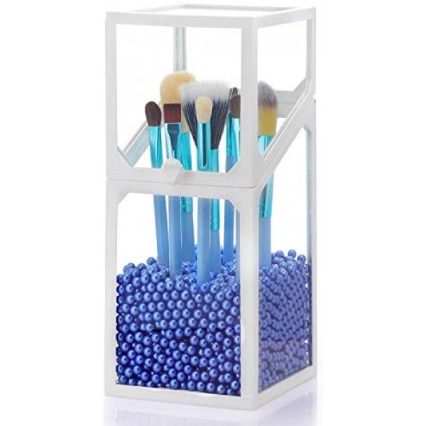 Glass Cosmetic Holder for Makeup Brush, Suream 8.3” White Square Transparent Beauty Storage with Lid, Eyeliner Display Organizer with Blue Pearls for Desktop, Dresser, Bedroom and Bathroom Vanity