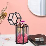 Glass Cosmetic Holder for Makeup Brush, Suream 8.46” Black Hexagon Transparent Beauty Holder with Lid, Eyeliner Display Storage with Pink Pearls for Desktop, Dresser and Bedroom Vanity Decoration