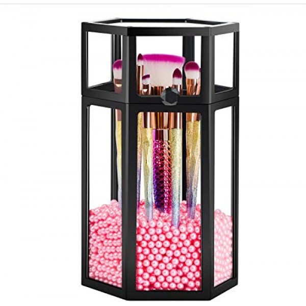 Glass Cosmetic Holder for Makeup Brush, Suream 8.46” Black Hexagon Transparent Beauty Holder with Lid, Eyeliner Display Storage with Pink Pearls for Desktop, Dresser and Bedroom Vanity Decoration