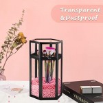 Glass Cosmetic Holder for Makeup Brush, Suream 8.46” Black Hexagon Transparent Beauty Holder with Lid, Eyeliner Display Storage with Pink Pearls for Desktop, Dresser and Bedroom Vanity Decoration