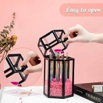 Glass Cosmetic Holder for Makeup Brush, Suream 8.46” Black Hexagon Transparent Beauty Holder with Lid, Eyeliner Display Storage with Pink Pearls for Desktop, Dresser and Bedroom Vanity Decoration