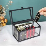 Glass Display Case for Lipstick, Suream 18 Slots Black Clear Beauty Makeup Organizer with Lid, Transparent Dustproof Cosmetic Holder for Display Decoration, Dresser, Countertop, Bathroom Vanity