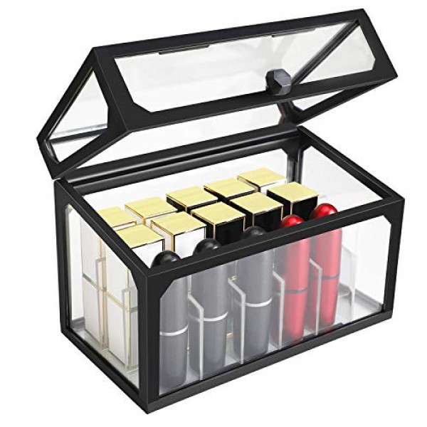 Glass Display Case for Lipstick, Suream 18 Slots Black Clear Beauty Makeup Organizer with Lid, Transparent Dustproof Cosmetic Holder for Display Decoration, Dresser, Countertop, Bathroom Vanity