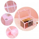 Glass Lipstick Makeup Organizer, Suream 18 Slots Pink Clear Beauty Cosmetic Storage with Lid, Transparent Dustproof Display Case Holder for Display Decoration, Dresser, Countertop, Bathroom Vanity