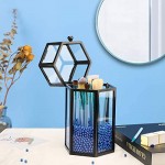 Glass Makeup Brush Holder for Vanity, Suream 8.46” Black Hexagon Transparent Beauty Holder with Lid, Eyeliner Display Storage with Blue Pearls for Desktop, Dresser and Bedroom Countertop Decoration