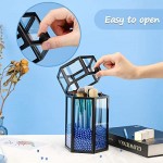 Glass Makeup Brush Holder for Vanity, Suream 8.46” Black Hexagon Transparent Beauty Holder with Lid, Eyeliner Display Storage with Blue Pearls for Desktop, Dresser and Bedroom Countertop Decoration