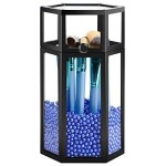 Glass Makeup Brush Holder for Vanity, Suream 8.46” Black Hexagon Transparent Beauty Holder with Lid, Eyeliner Display Storage with Blue Pearls for Desktop, Dresser and Bedroom Countertop Decoration