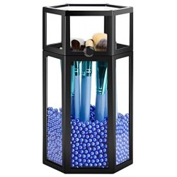 Glass Makeup Brush Holder for Vanity, Suream 8.46” Black Hexagon Transparent Beauty Holder with Lid, Eyeliner Display Storage with Blue Pearls for Desktop, Dresser and Bedroom Countertop Decoration