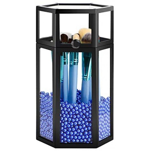 Glass Makeup Brush Holder for Vanity, Suream 8.46” Black Hexagon Transparent Beauty Holder with Lid, Eyeliner Display Storage with Blue Pearls for Desktop, Dresser and Bedroom Countertop Decoration