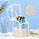 Glass Makeup Brush Holder with Lid, Suream 8.3” White Clear Dust Proof Transparent Cosmetic Eyeliner Organizer with Free White Pearls for Desktop, Dresser Decoration, Bathroom vanity and Countertop