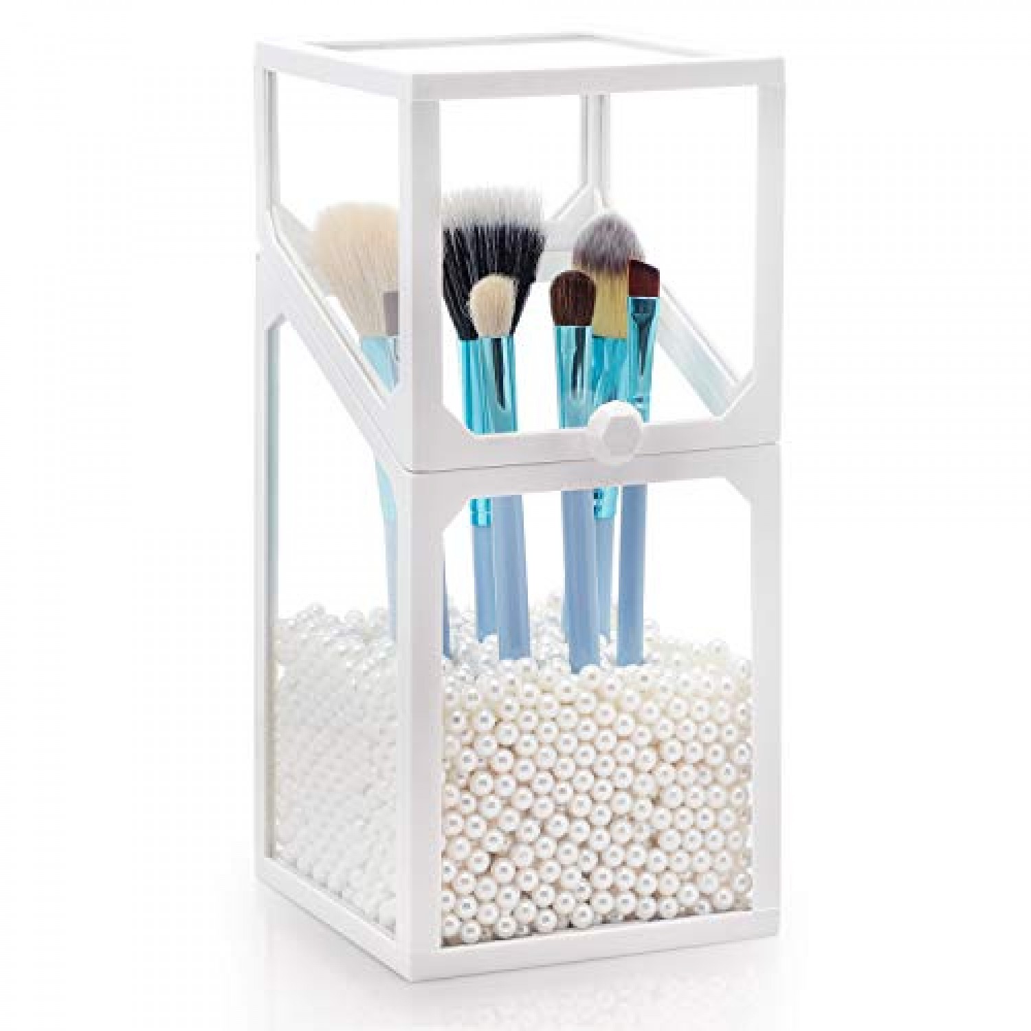 Acrylic Brush Holder,Dustproof Makeup Brush Organizer with Lid, Covered  Cosmetic Brush Holder with White Pearls,Clear -NEWCREA